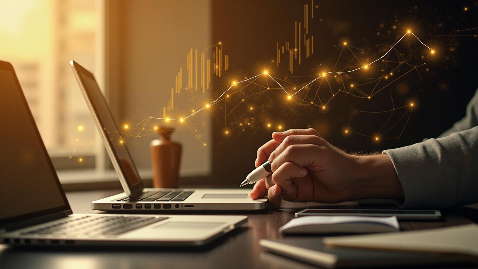 Working at a laptop with a rising line of gold data points above it