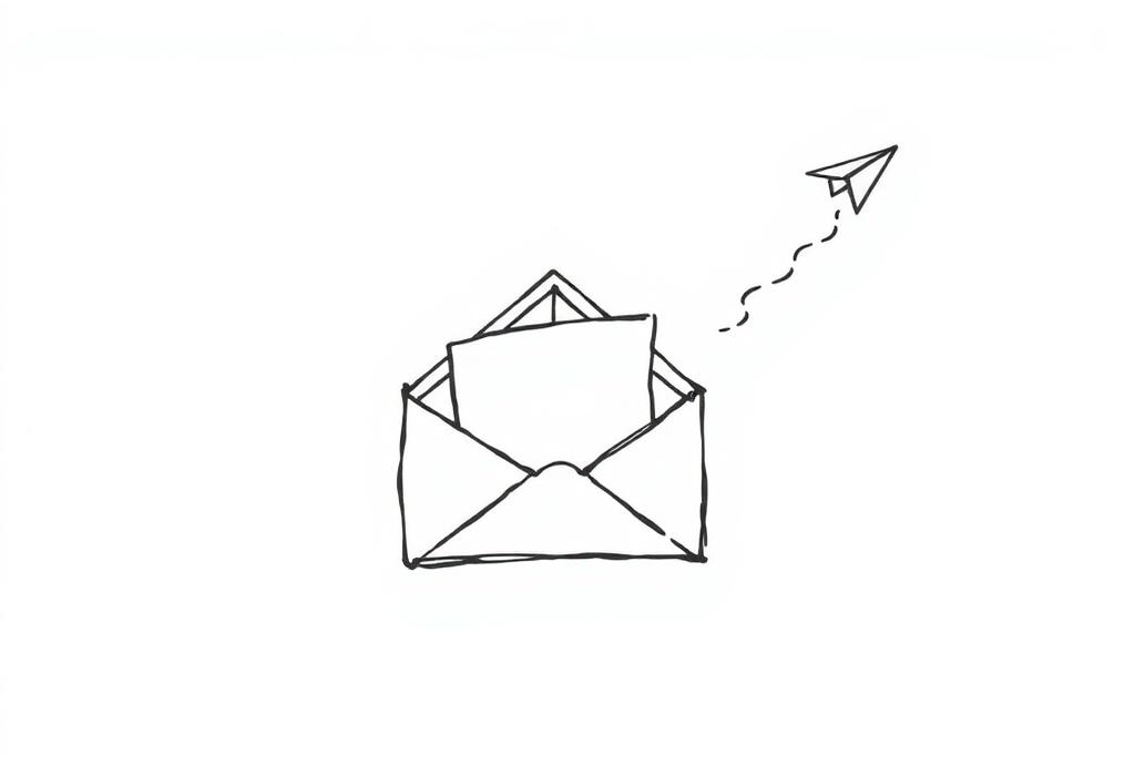 Hand-drawn illustration of an open envelope with a paper plane flying away